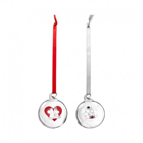 Set med 2 st Mumin glaskulor Hjärta och snöflinga 5 cm