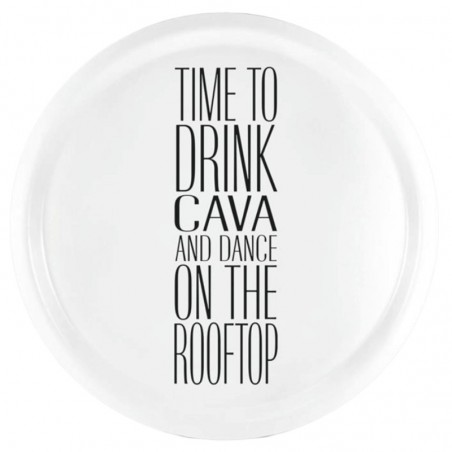 Rund Bricka Cava in the rooftop, vit med svart text