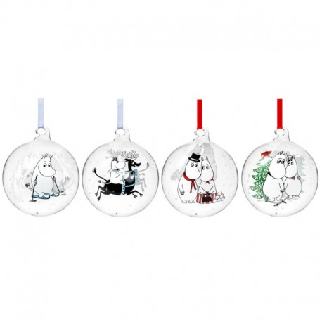 Set med 4 olika Mumin dekorationsbollar i glas, 9 cm i diameter