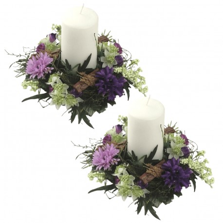 2-pack ljusmanschetter för blockljus med lila blommor, innermått 8 cm och yttermått 20 cm