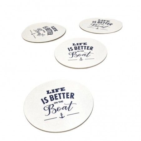 Glasunderlägg 4-pack "On the boat" vit med blå text