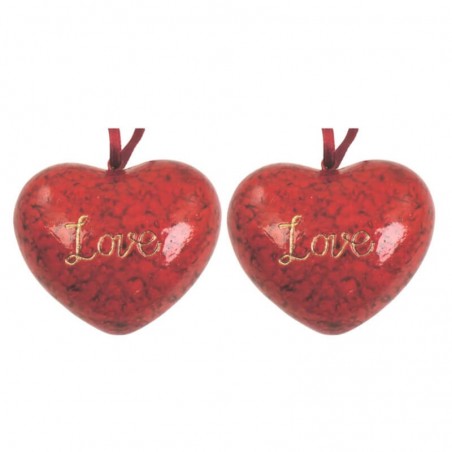 Röda hjärtan 2-pack att hänga med texten Love 6.5 cm. Julpynt från Swerox.
