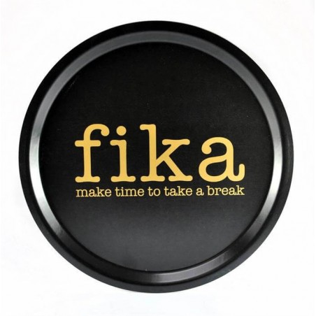 Rund bricka Make time to fika Avart med guldfärgad text