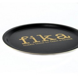 Rund bricka Make time to fika Avart med guldfärgad text