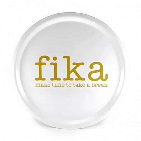 Bricka Make time to fika Vitt med guldfärgad text