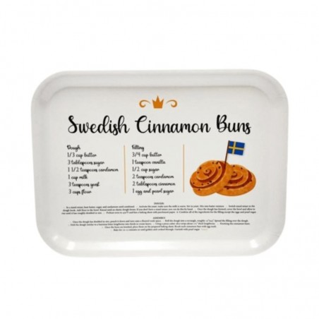 Bricka Swedish cinnamon buns 27 X 20 cm ,vit med svart text, svensk kanelbulle