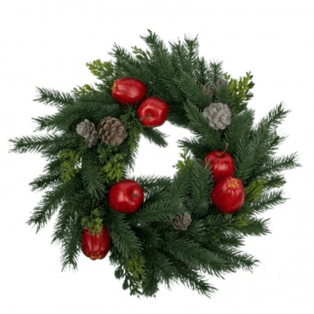 Krans till jul med tallris, äpplen och kottar