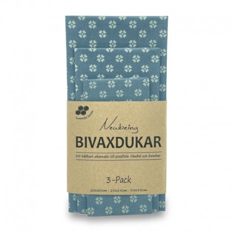 3-pack Bivaxdukar blå blomma, som används för hållbar förvaring av mat