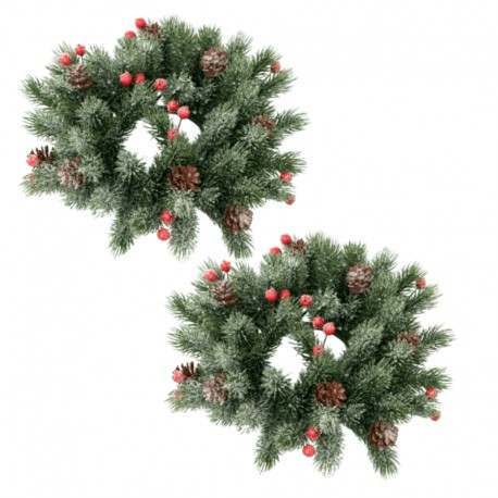 Ljusmanschett för blockljus med grönt ris, kottar och röda bärfrån Swerox