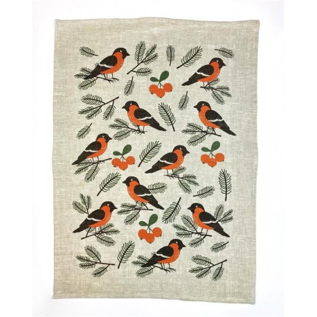 Kökshandduk 50 x 70 Domherrar i linne, Tryck i rötts, vart och vitt.